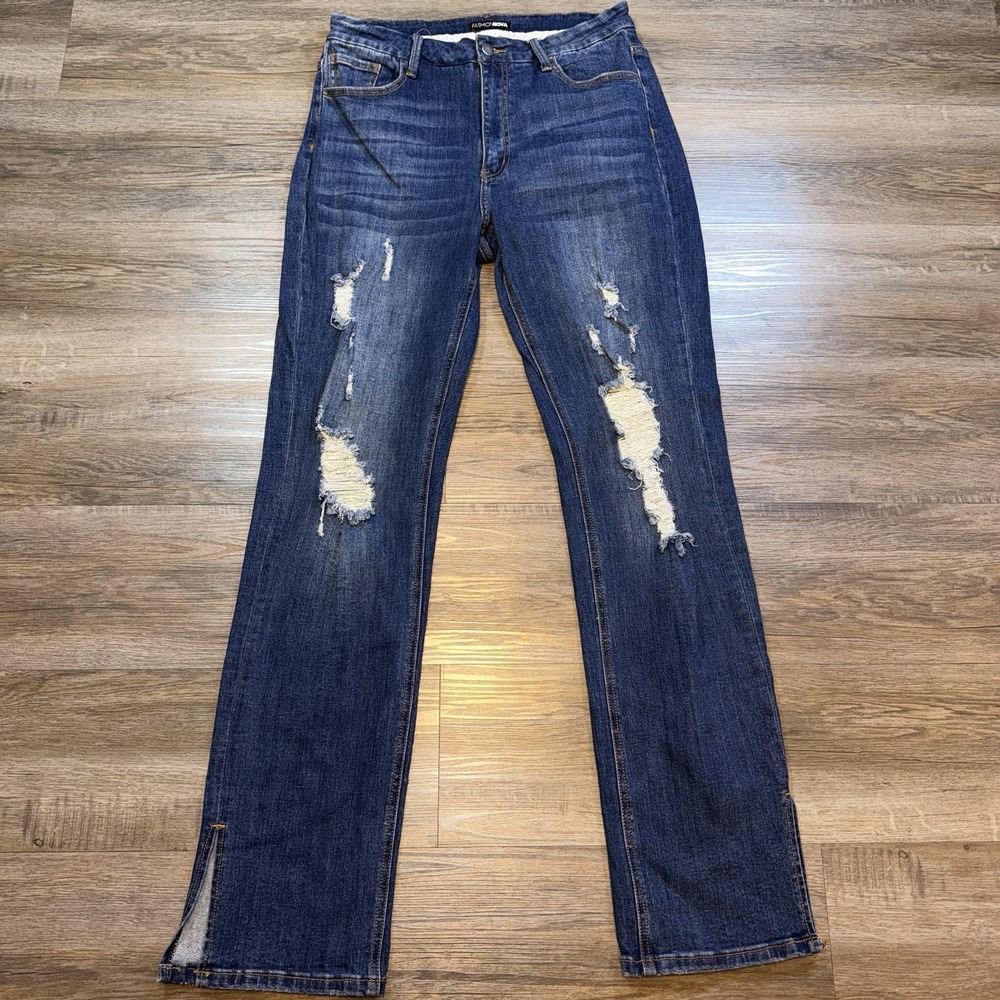 Fashion Nova Dark Wash High-Rise Jeans Juniors 13 Distressed Rip Knees Split Hem